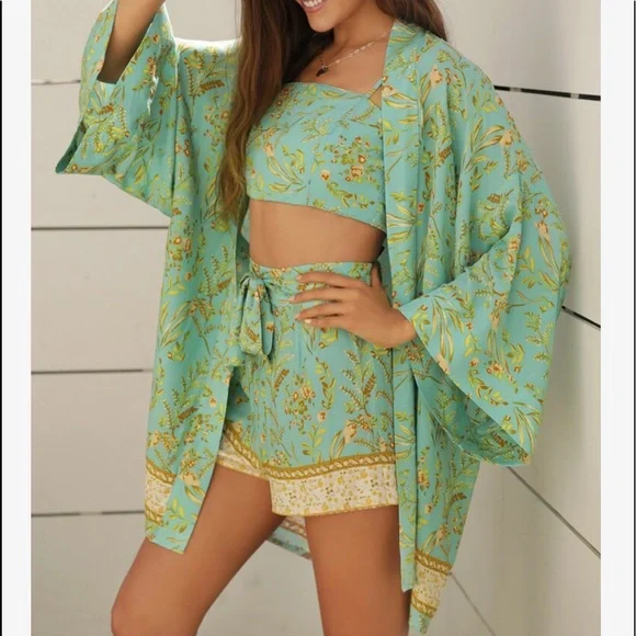 Boho Bohemian Tropical Floral Print Cami Top Kimono CoverUp Shorts Set Green - Picture 1 of 6